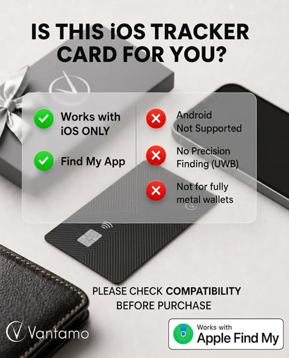 Vantamo Ultra-Thin Wallet Tracker Card, Apple MFi Certified, IP68 Waterproof Bluetooth Smart Card Wallet Tracker & Passport, Works with Apple Find My, Wireless Charging, iOS Only