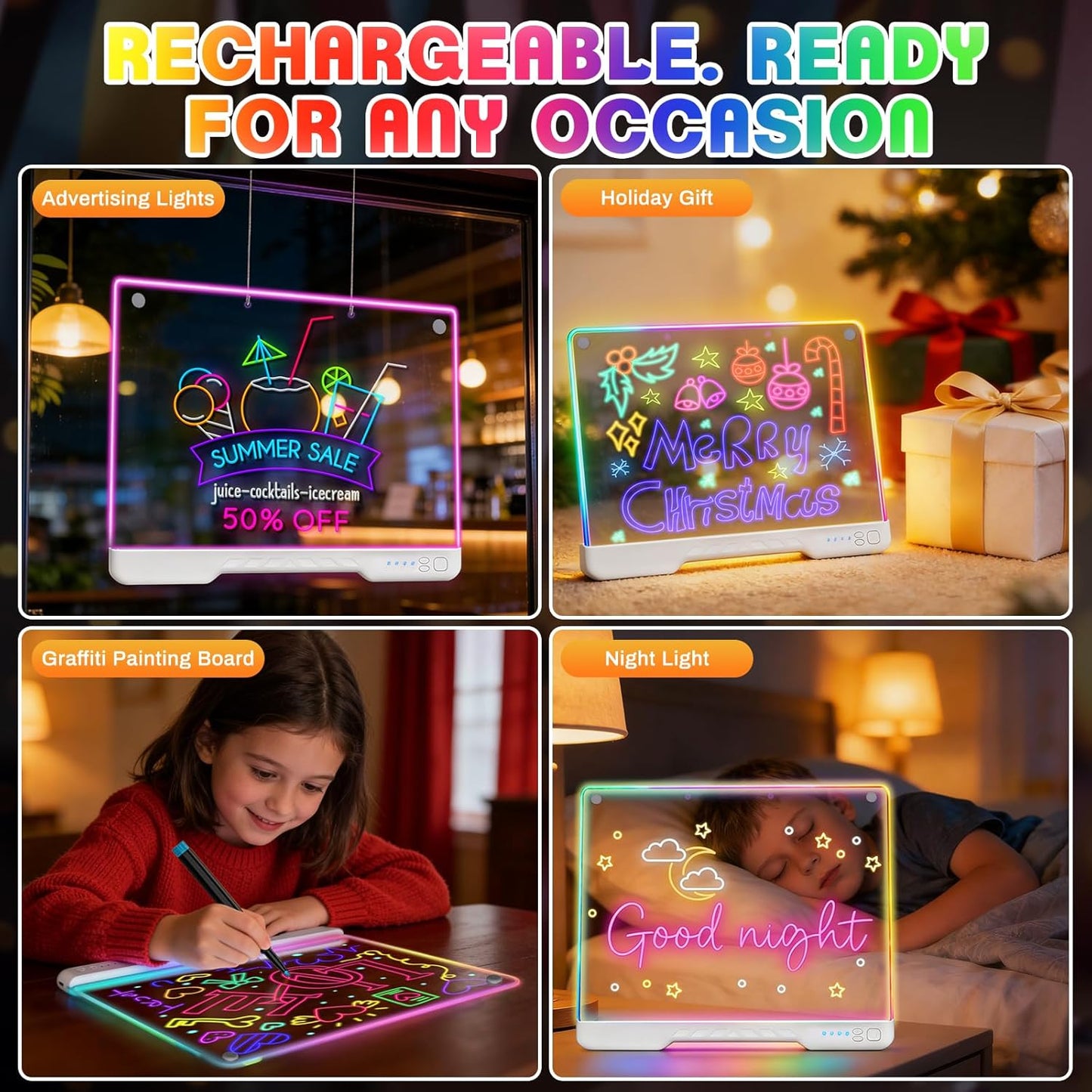16-Inch LED Drawing Board for Kids, Rechargeable LED Doodle Board with 7 Light Modes & Built-in Stand, LED Note Board, Great Art Gift for Boys and Girls