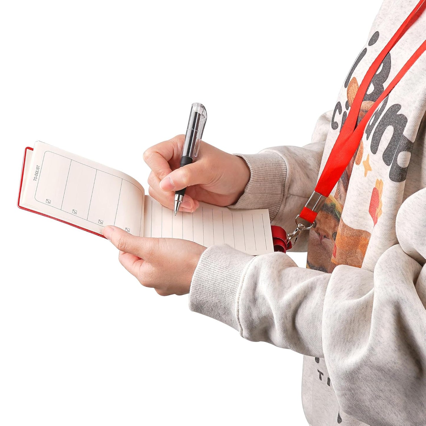 Biiange Mini Notebook on Lanyard, Small Notebook with Lanyard, PU Leather Lanyard Meeting Notebook, Neck Hanging Notepad with ID Slot and Pen (1Pcs Red
