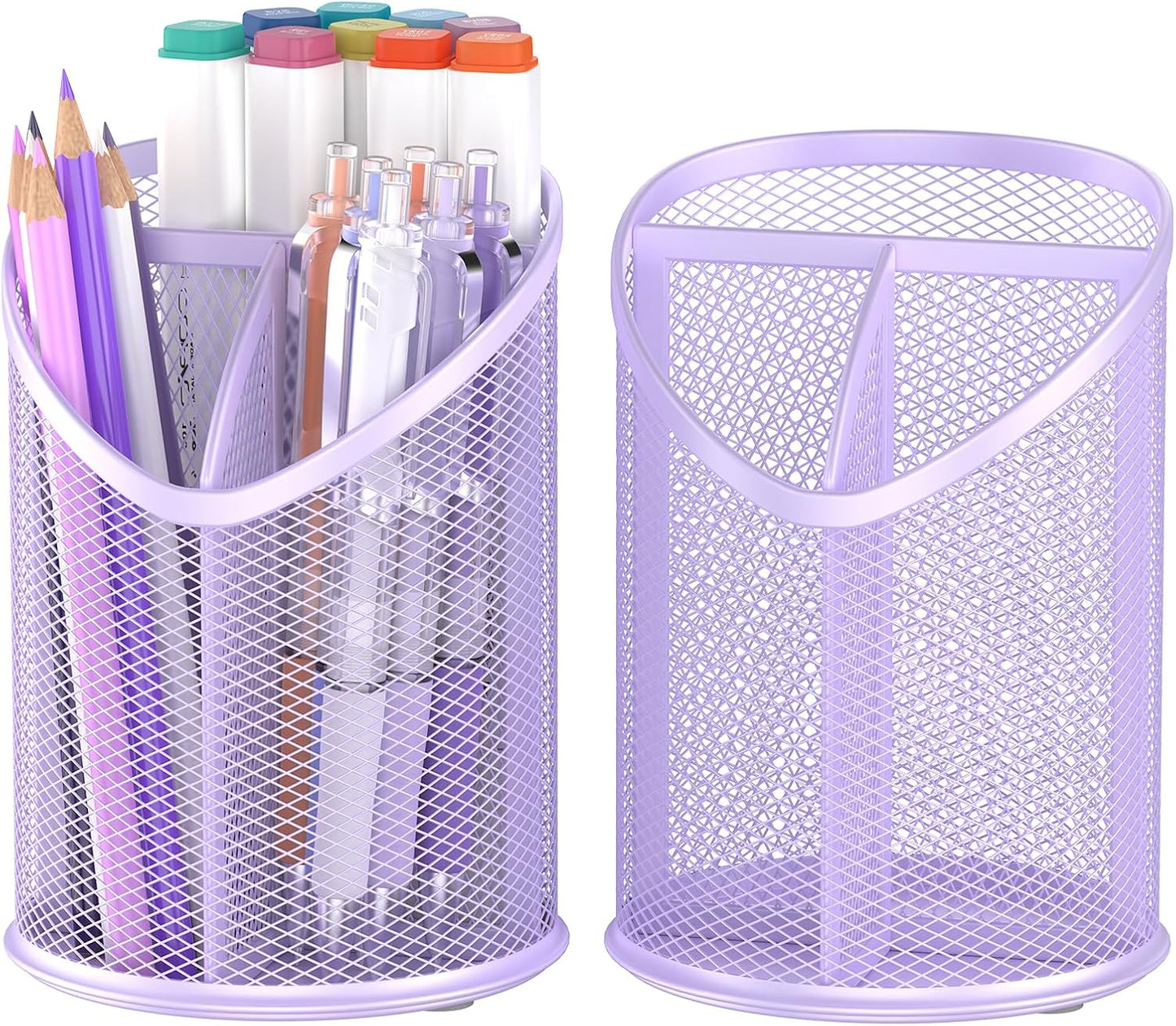Delifox 2 Pack Pen Holder Mesh Round Pencil Holder Desktop Organizer 3 Compartments, Black