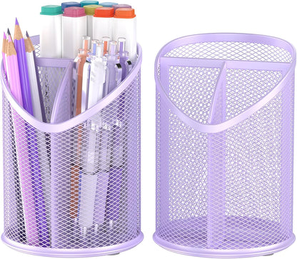 Delifox 2 Pack Pen Holder Mesh Round Pencil Holder Desktop Organizer 3 Compartments, Black