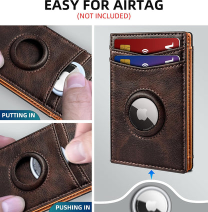 miyozi Airtag Wallet for Men- with Money Clip Gift Boxed, Magnetic Closure Slim Genuine Leather Front Pocket Wallet, 4.1"x 2.8", RFID Blocking