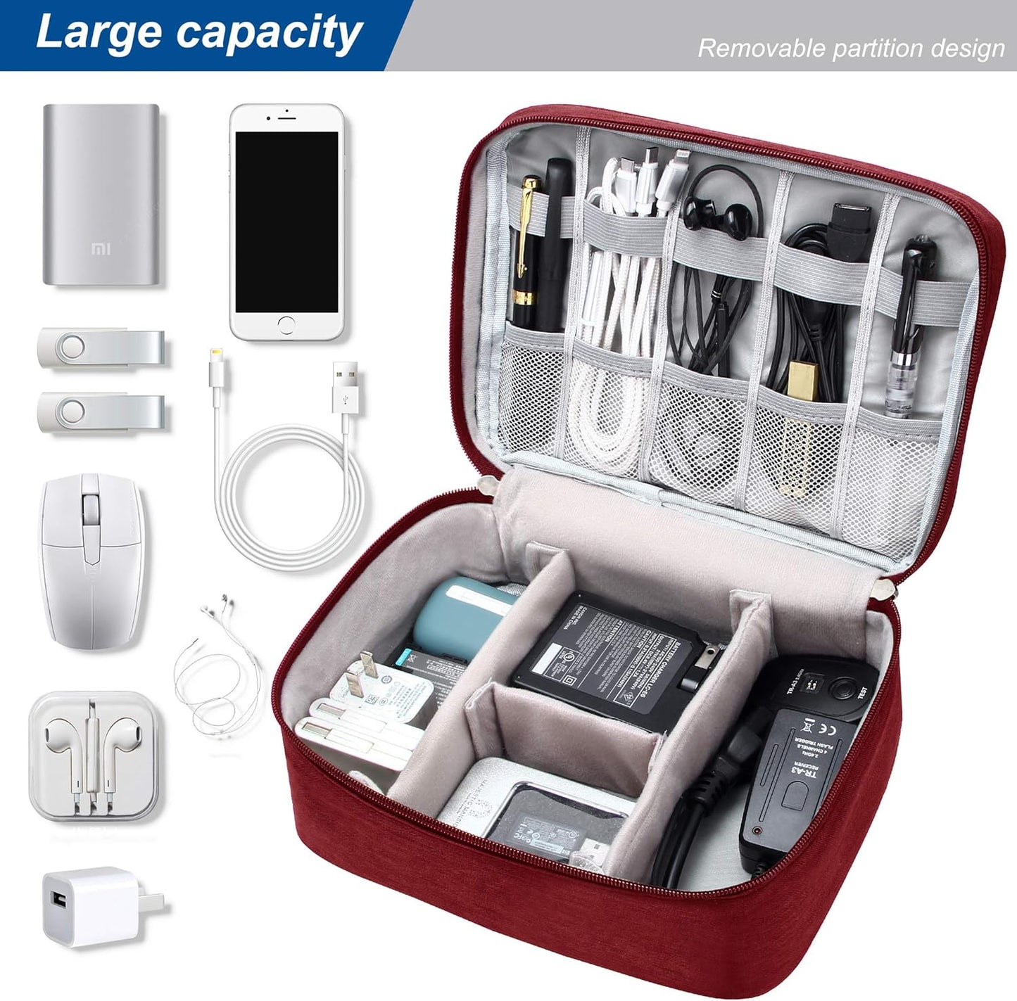 SELLYFELLY Electronic Bag Travel Cable Accessories Bag Waterproof Double Layer Electronics Organizer Portable Storage Case for Cable, Cord, Charger, Phone, Adapter, Power Bank, Kindle, Hard Drives