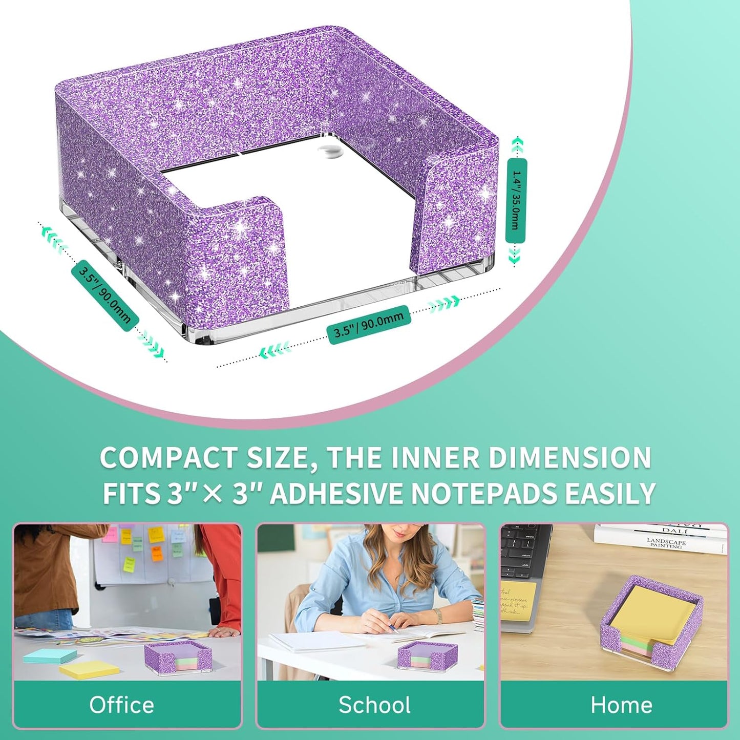 Sticky Note Holder, Glitter Pink Acrylic Notepad Holder 3x3 in Self-Stick Note Dispenser Office Desk Accessories, Memo Pad Holder Organizer for Classroom School Supplies