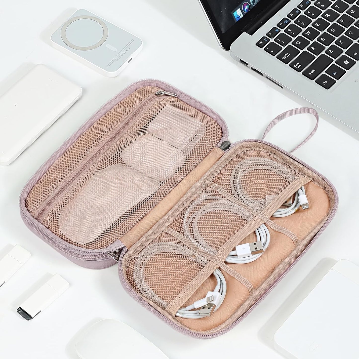 NISHEL Travel Cord Organizer Case, Double Layers Tech Electronic Bag, Essentials for Charger, Cable, Phone, Flash drive, Medium, Pink