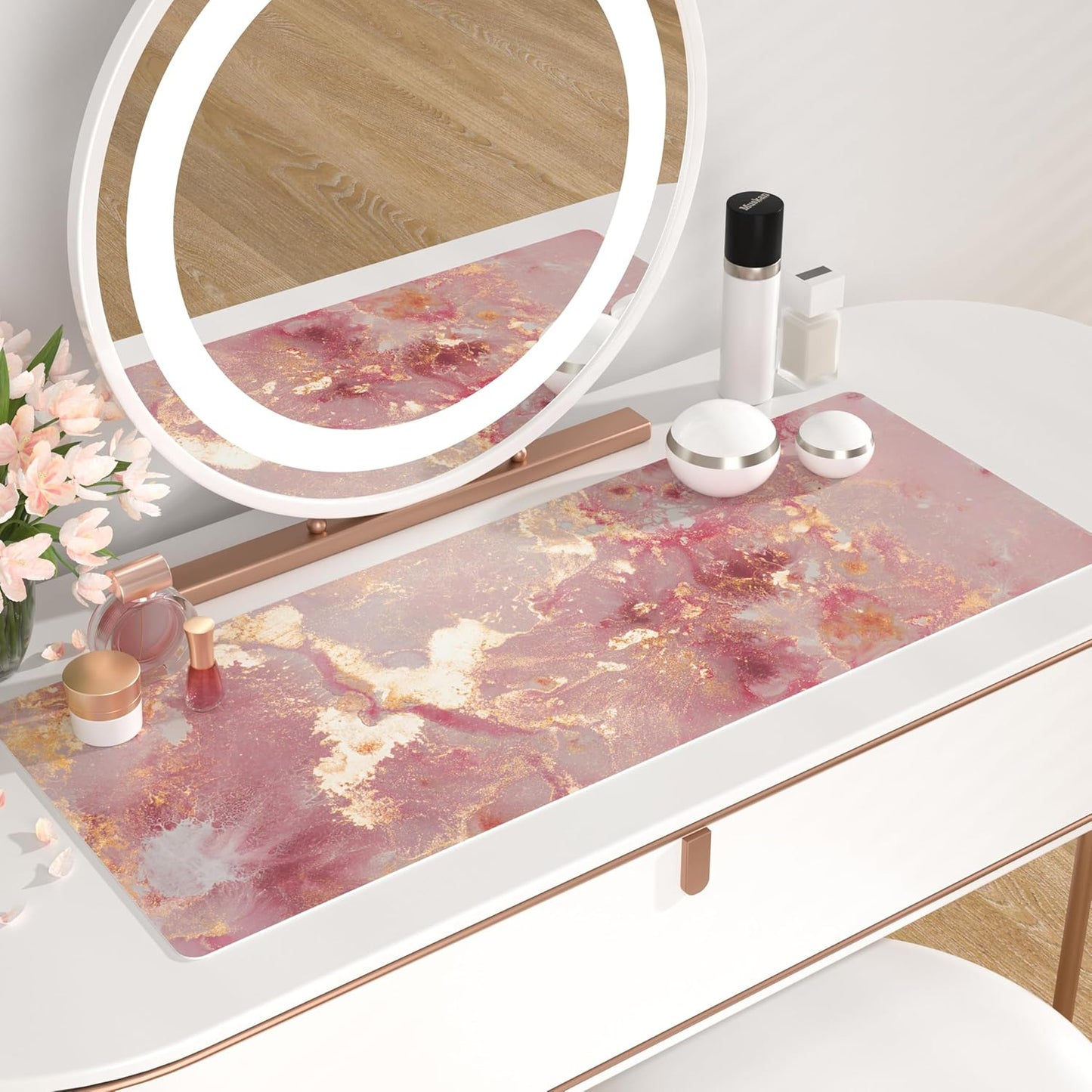 QIYI Large Mouse Pad, Cute Pink Desk Mat for Desktop, Women Girls PU Leather Desk Pad Waterproof Gaming Mousepad, Rose Gold Marble Computer Protector Writing Pad for School Office Home 31.5" x 15.7"