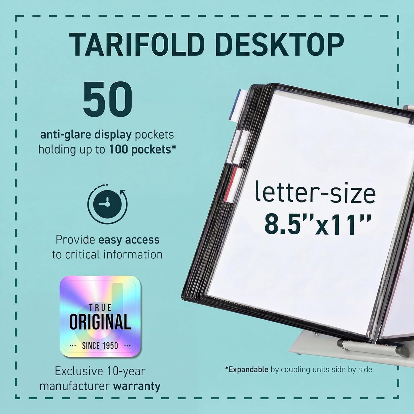 Tarifold Desktop Reference Organizer & Display System, 10 Double-Sided Pockets, 20 Sheet Capacity, Expandable, Durable Steel Wire Frames, Letter Size, Made in France, Black