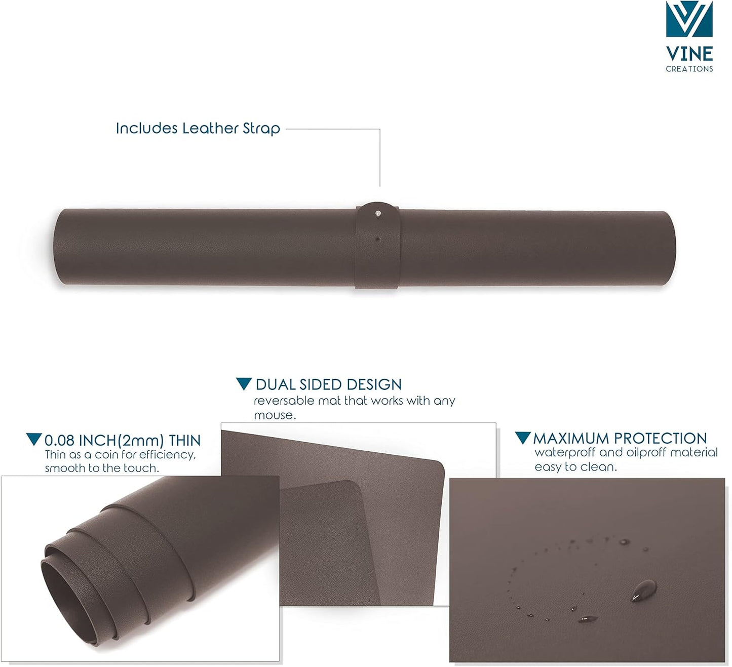 Leather Desk Pad 36" x 20", Vine Creations Office Desk Mat Waterproof Black - Premium Quality - Smooth Mouse Writing Surface - Maximum Protection Dual-Sided Pu Leather Blotter for Desk Office/Home