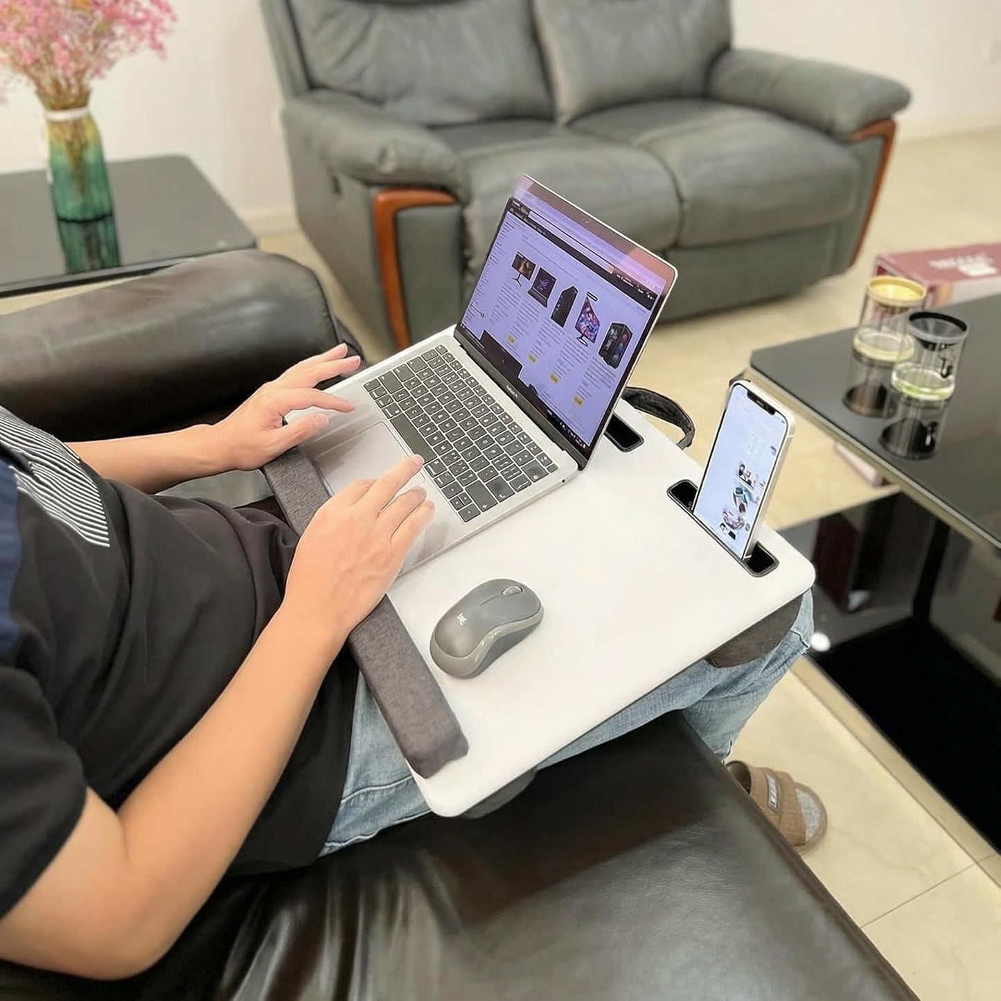 Lap Desk Home Office Lap Desk Portable Laptop Desk for Left Right - Handers with Whole Mouse Pad Wrist Pad Dual Cushion Phone Tablet Slots Fits Up to 17 Inch Laptops