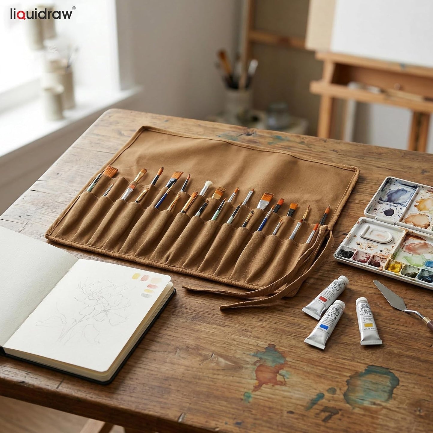 Liquidraw 30 Pocket Canvas Paint Brush Holder - Natural | 21" x 18" | Roll Up Brush Storage Pouch | Ideal Case for Paintbrush & Art Tool Storage | Easy to Carry | Also Great for Storing Makeup Brushes