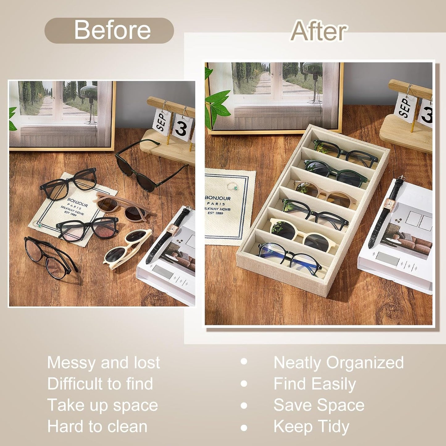 Juexica 2 Pcs Velvet Sunglasses Organizer Tray 6 Grid Sunglass Organizer Velvet Tray Stackable Glasses Display Case for Women Glasses Jewelry Display Watch (Beige)