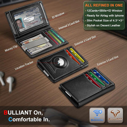 BULLIANT Men Airtag Wallet,Slim Wallet Money Clip Card Holder Magnetic Closure 12 Cards in Front Pocket RFID Blocking