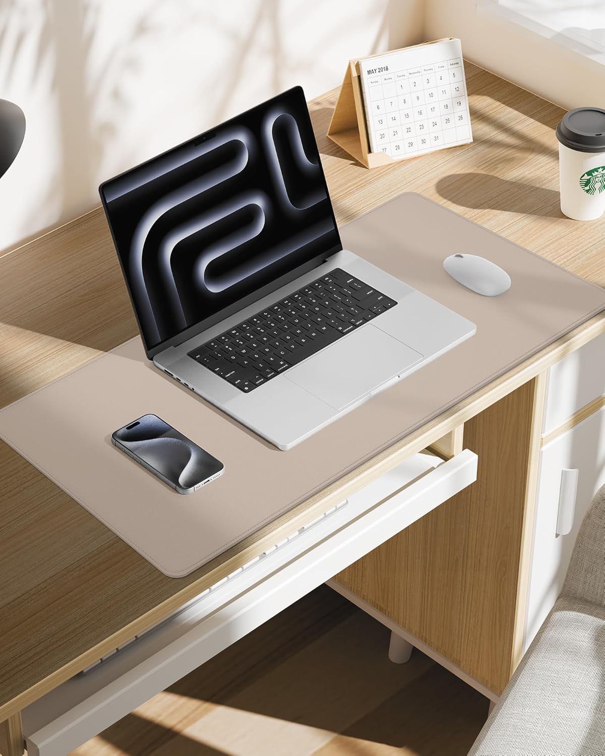 AFIING Desk Pad Protector 23.6" x 13.7" - Non-Slip Waterproof PU Leather Desk Mat for Mouse, Keyboard, Laptop, Office and Home Workspace (Beige)