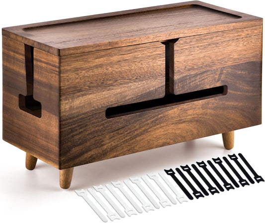 Large Cable Management Box - Organizer for Electrical Cords and Power Strips - Conceal Desk and Floor Cables - Storage Solution for Cord Hider and Organization (Brown Wood)