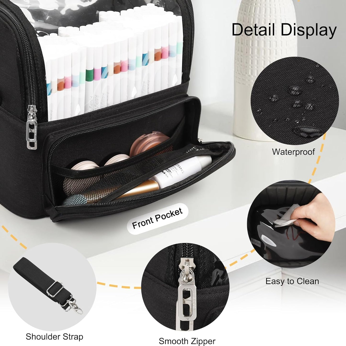 Makeup Brush Bag, Makeup Brush Holder Travel Stand-up Makeup Cup Large Makeup Brush Organizer Case Professional Cosmetic Bag Artist Storage Bag with Adjustable Divider (Large, Black)