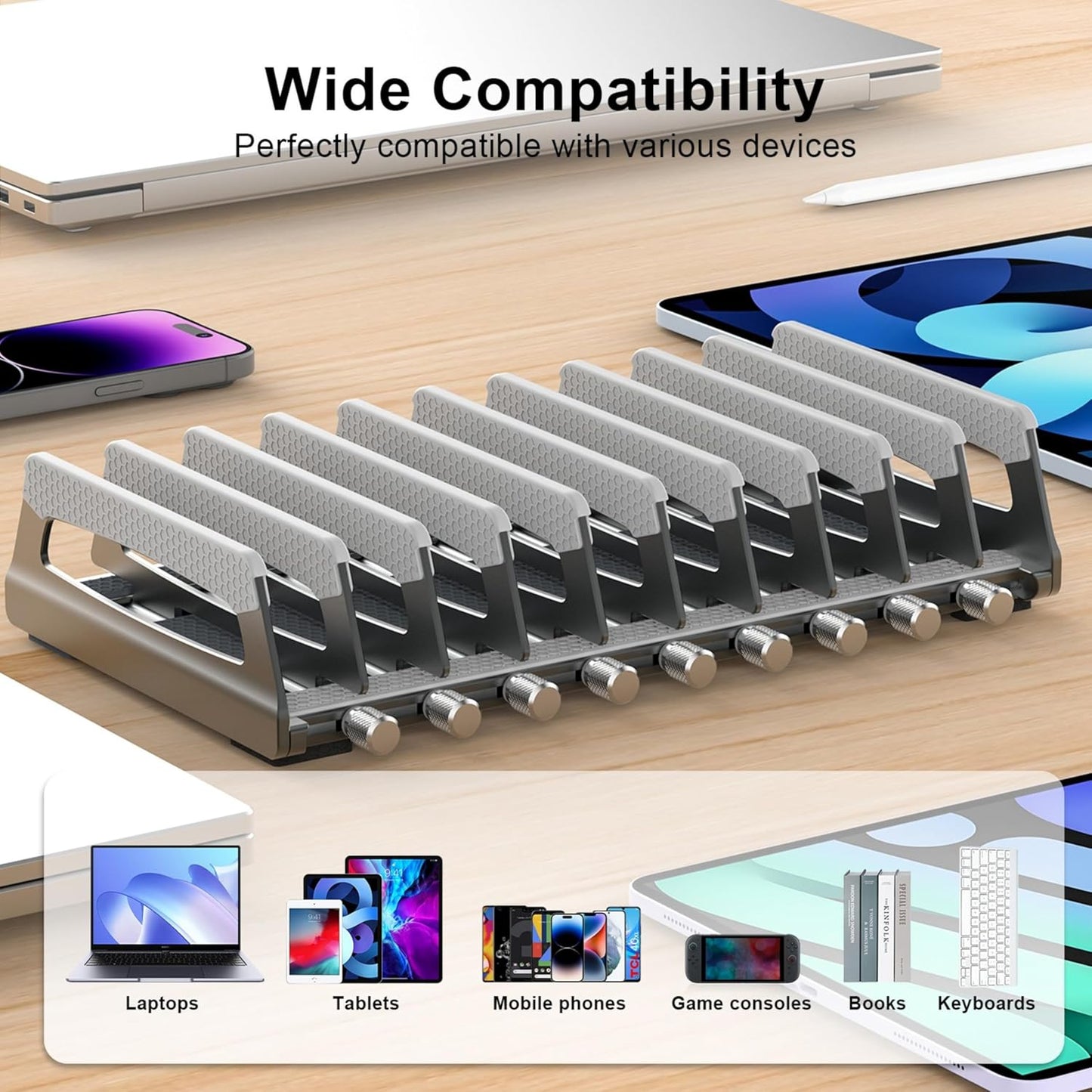 Elestoria 10-Slot Vertical Laptop Stand & Holder – Adjustable Aluminum Laptop Stand Vertical for Desk Fits 10 Devices, MacBook & Gaming Laptops (Up to 17.3”) – Space Saving Laptop Storage Rack - Grey