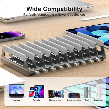 Elestoria 10-Slot Vertical Laptop Stand & Holder – Adjustable Aluminum Laptop Stand Vertical for Desk Fits 10 Devices, MacBook & Gaming Laptops (Up to 17.3”) – Space Saving Laptop Storage Rack - Grey
