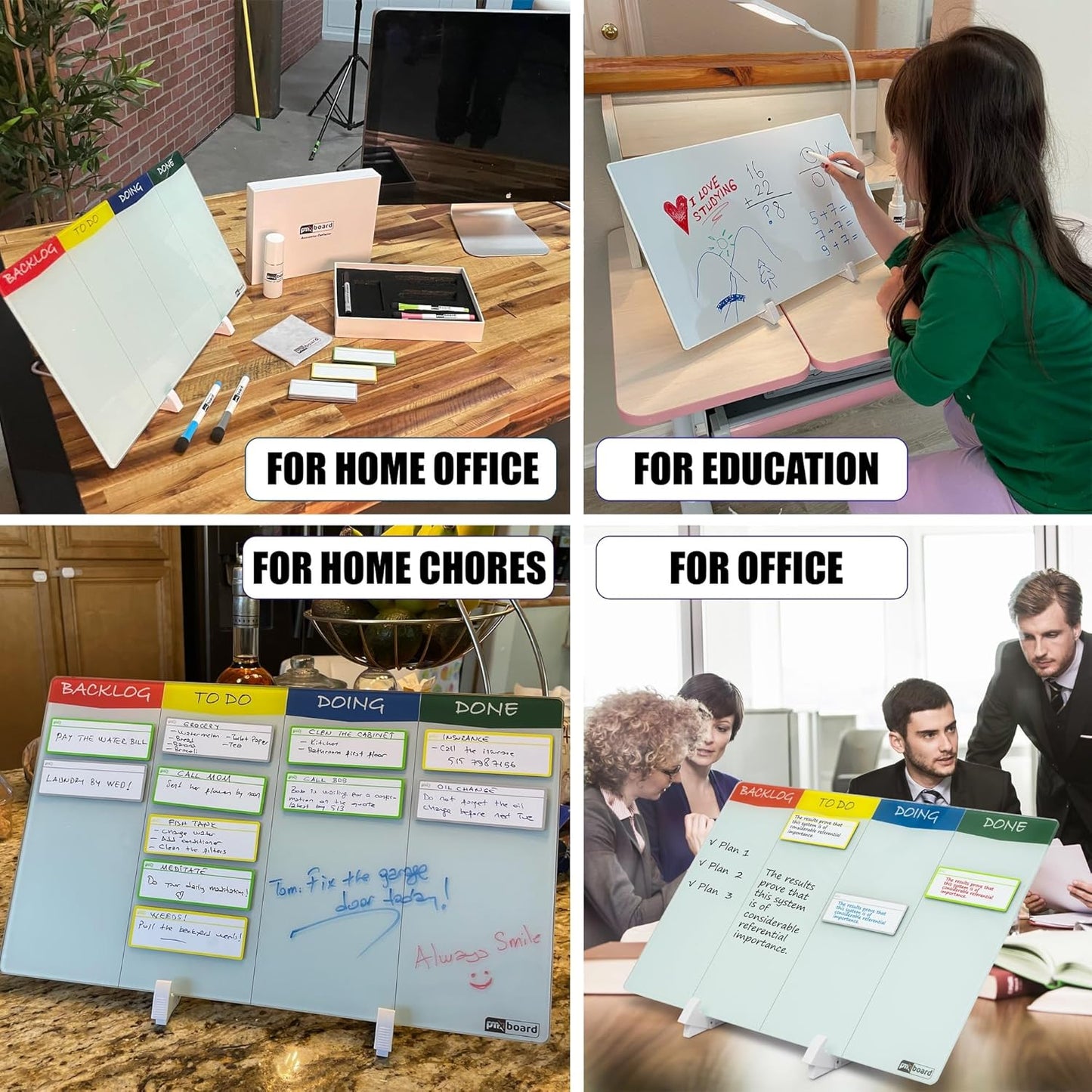 Desktop Kanban Board & Whiteboard (Double-Sided) 18” x 11” Glass Dry Erase Board with Stand, 24 Reusable Task Cards, 6 Markers – Scrum Agile Project Management Desk Planner