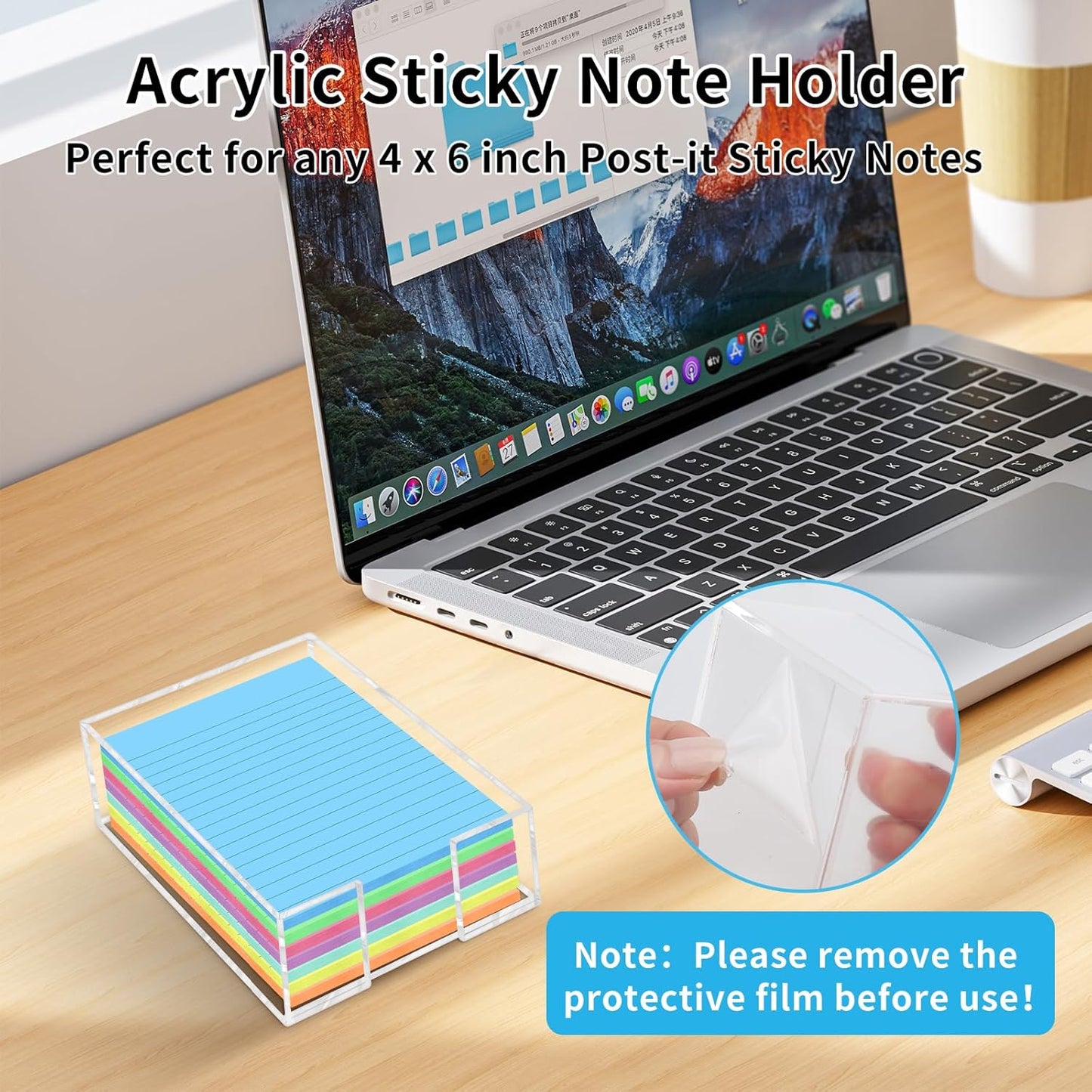 Acrylic Sticky Note Holder - 3 x 3 Inch Post It Note Holder, Crystal Clear Sticky Note Dispenser for Dorm Room Home and Office Acrylic Desk Organizer
