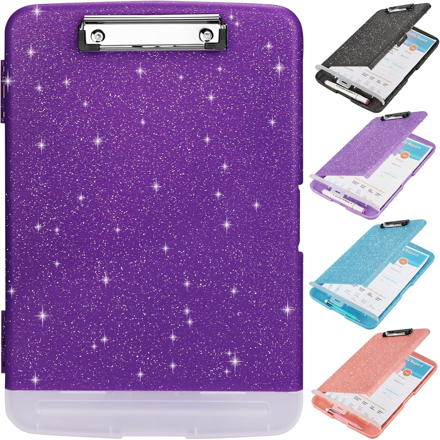 Glitter Clipboard with Storage,Storage Clipboard with Pen Holder,A4 Binder Clip Boards 8.5x11 with Low Profile Clip,Side Opening Sparkle Clipboards, Clipboards Folder for Office Supplies-Starry Black