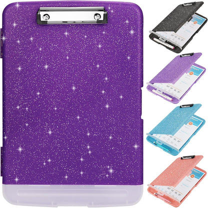 Glitter Clipboard with Storage,Storage Clipboard with Pen Holder,A4 Binder Clip Boards 8.5x11 with Low Profile Clip,Side Opening Sparkle Clipboards, Clipboards Folder for Office Supplies-Starry Black