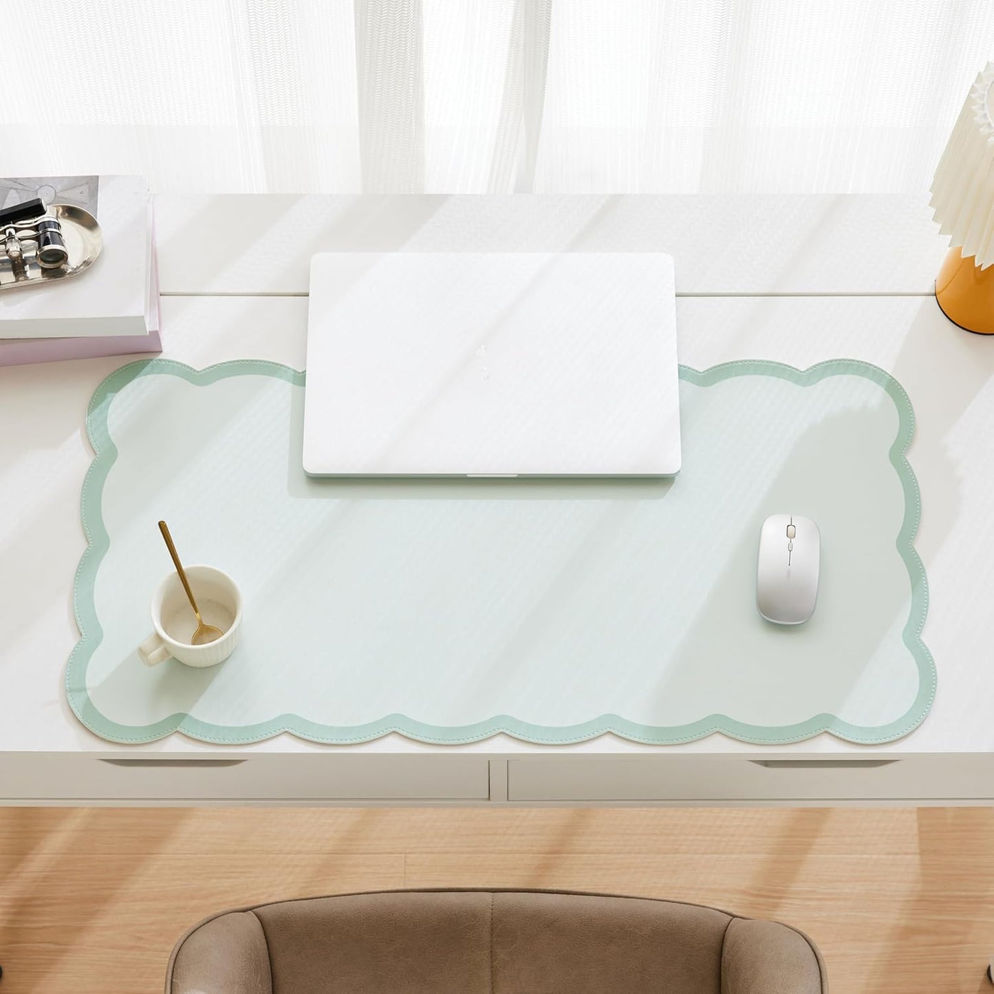 Scalloped Desk Mat, 31.5" x 15.7" Large Cute Aesthetic Desk Accessories, PU Leather Computer Laptop Desk Mouse Keyboard Pad, Desk Writing Mat for Vanity/Work/Home Decor (Beige, 31.5" x 15.7")