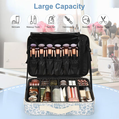 Relavel Makeup Case Large Makeup Bag Professional Train Case 16.5 inches Travel Cosmetic Organizer Brush Holder Waterproof Makeup Artist Storage Box, 3 Layer Large Capacity, with Adjustable Strap