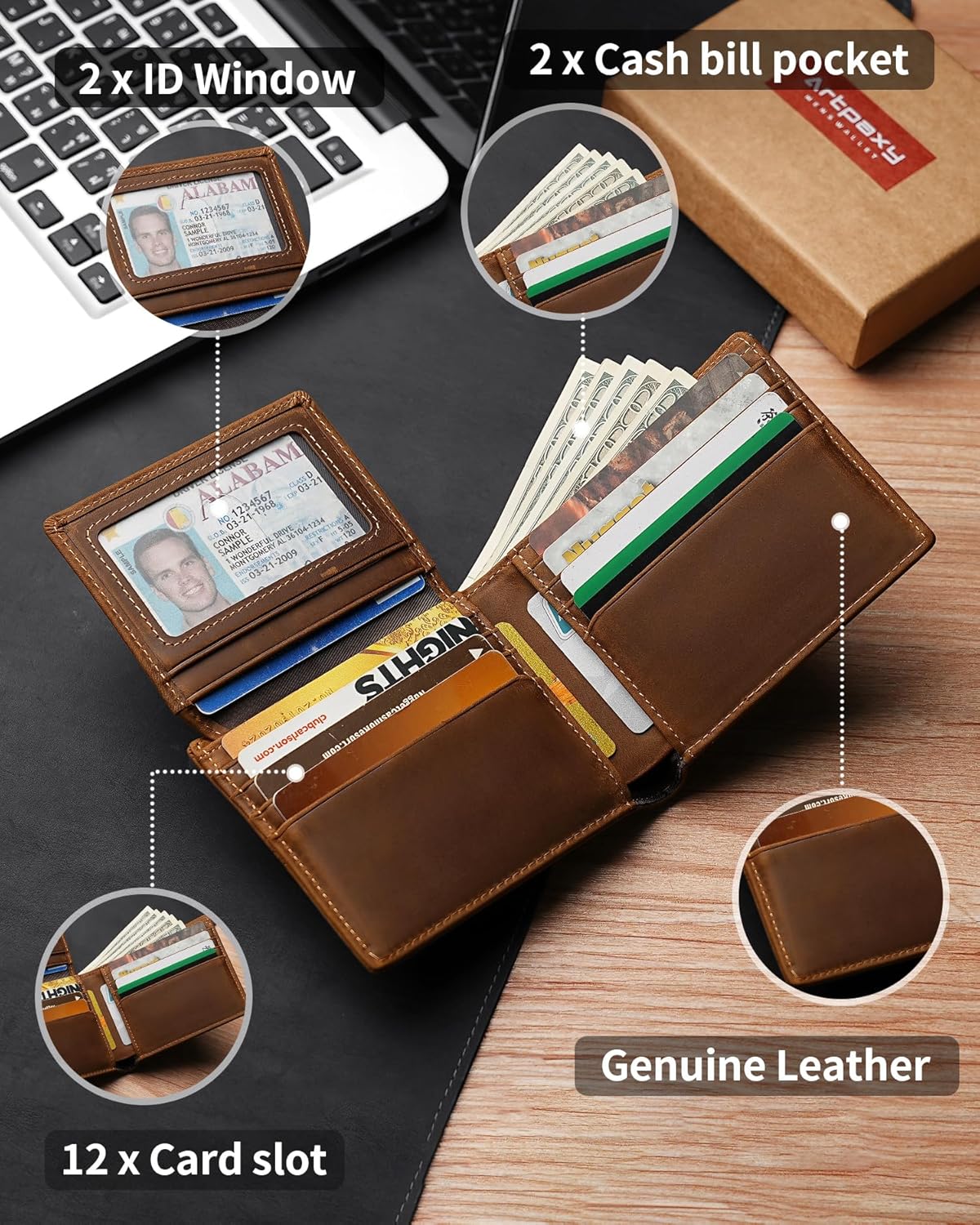 Mens Wallet With AirTag Holder, Bifold Leather RFID Blocking 1-2 ID Windows 12-13 Card Holders, Gift Box and Screen Protector Included, AirTag Not Included