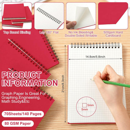 Engrowtic 6 Pack Graph Paper Spiral Notepad A5 Top Wirebound Notepad Grid Notebook Steno Pad Memo Notebook Grid Paper 140 Pages for Writing Sketching Drawing Office Supply (Black)