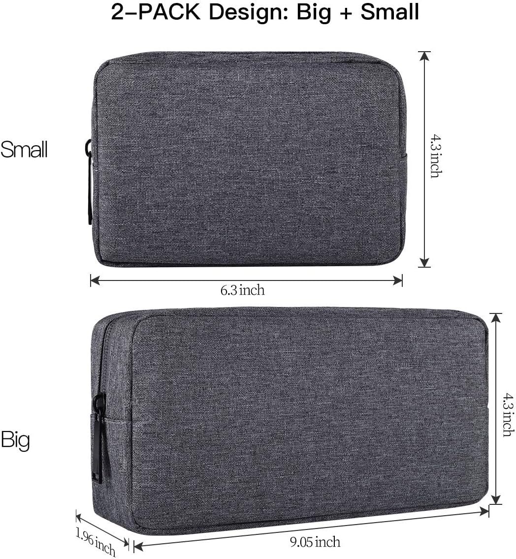 imComor Universal Electronics Accessories Case, 2-Pack Portable Soft Carrying Case Bag Wire Cable Organizer for Hard Drive, Power Adapter, Laptop Mouse, Cosmetics Kit, Small+Big-Black