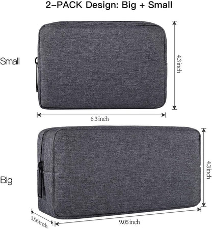 imComor Universal Electronics Accessories Case, 2-Pack Portable Soft Carrying Case Bag Wire Cable Organizer for Hard Drive, Power Adapter, Laptop Mouse, Cosmetics Kit, Small+Big-Black
