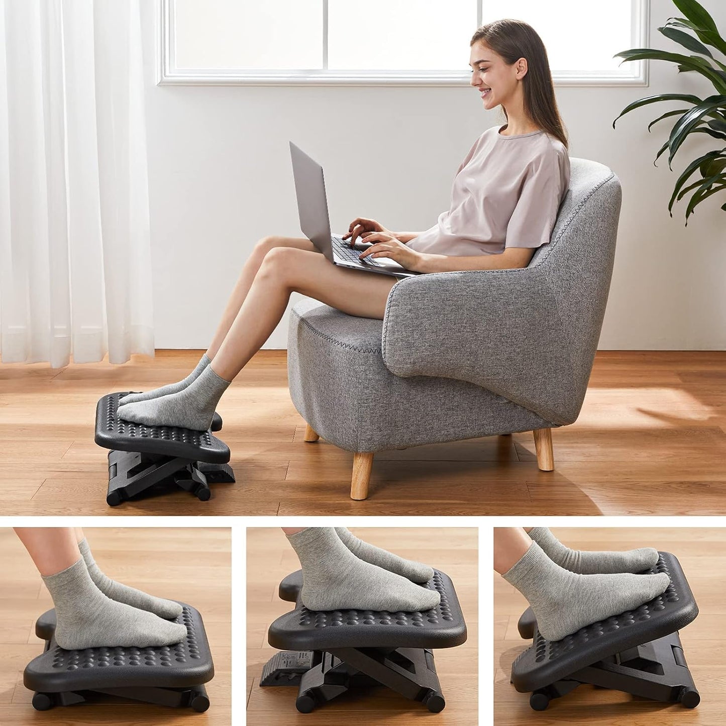 HUANUO Adjustable Desk Footrest, Foot Rest for Under Desk at Work with Massage, Adjustable Foot Stool with 3 Height Position & 30 Degree Tilt Angle Adjustment for Home, Office, Gray