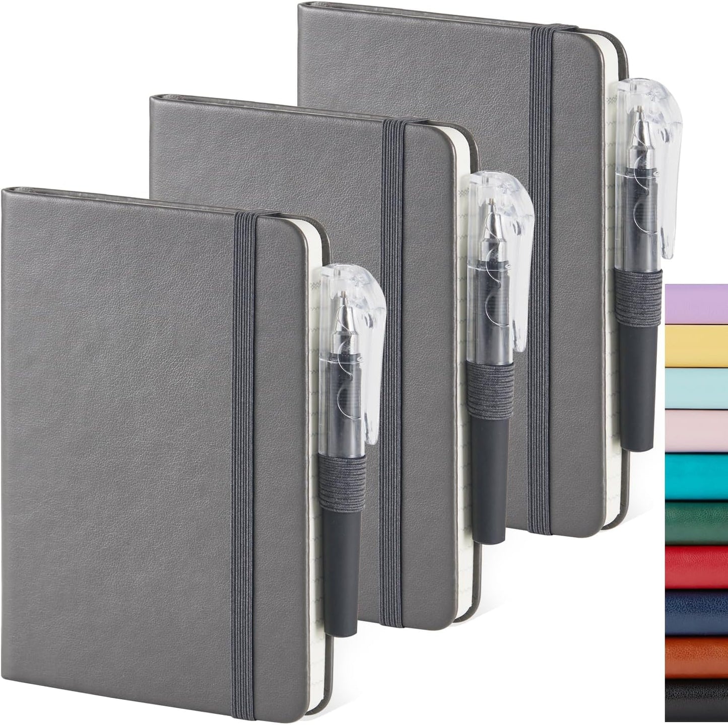 NIRMIRO 3 Pack Pocket Notebook Journals, Small Notepad Notebooks for Note Taking, A6 Mini Note pads with Pen Holder, 408 Lined Pages, 3.7" x 5.7", Black, Brown, Blue