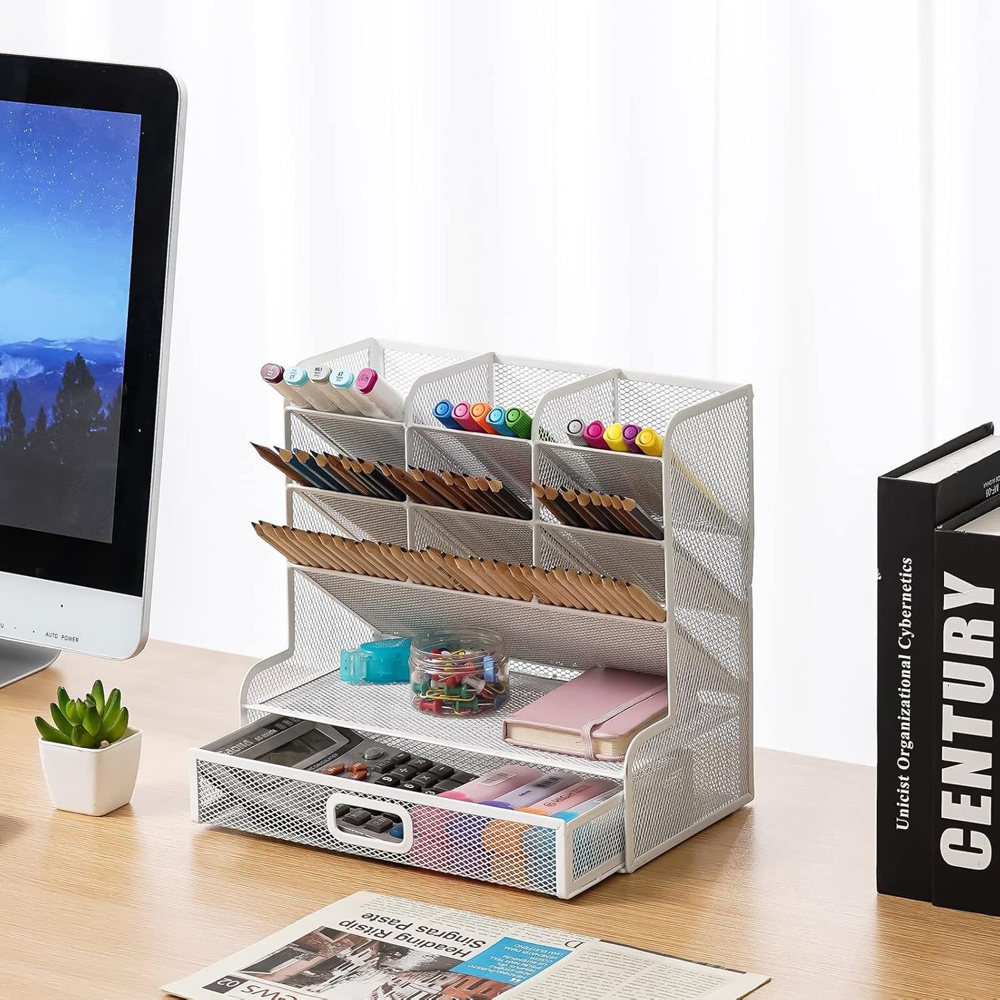 Marbrasse Larger Mesh Desk Organizer with Drawer, Multi-Functional Pen Pencil Holder, Easy Assembly, Desk Organizers and Accessories for Office Art Supplies (Black)