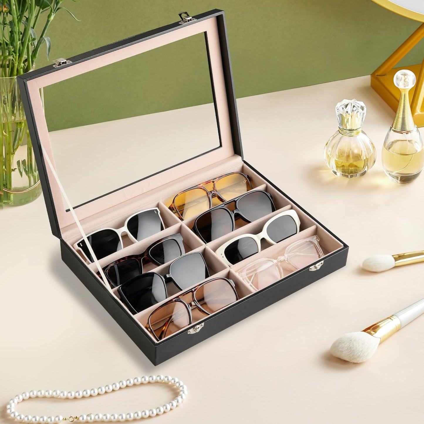 Frebeauty Sunglass Organizer,PU Leather Glasses Organizer,8-Slot Sunglasses Tray,Men's/Women's Sunglasses Box,Sunglass Case,13.3 x 9.6 x 1.5 Inches,Eyeglass/Eyewear Display Tray(Grey)