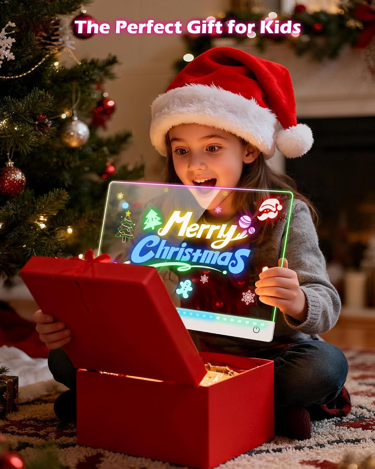 Rechargeable LED Drawing Board for Kids, 17-Inch Glow Doodle Drawing Pad with 7 Colors & 4 Light Modes, Neon Light Up Acrylic Dry Erase Note Board with Stand, Hanging Chain, 12 Markers, 2 Pack