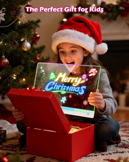 Rechargeable LED Drawing Board for Kids, 17-Inch Glow Doodle Drawing Pad with 7 Colors & 4 Light Modes, Neon Light Up Acrylic Dry Erase Note Board with Stand, Hanging Chain, 12 Markers, 2 Pack