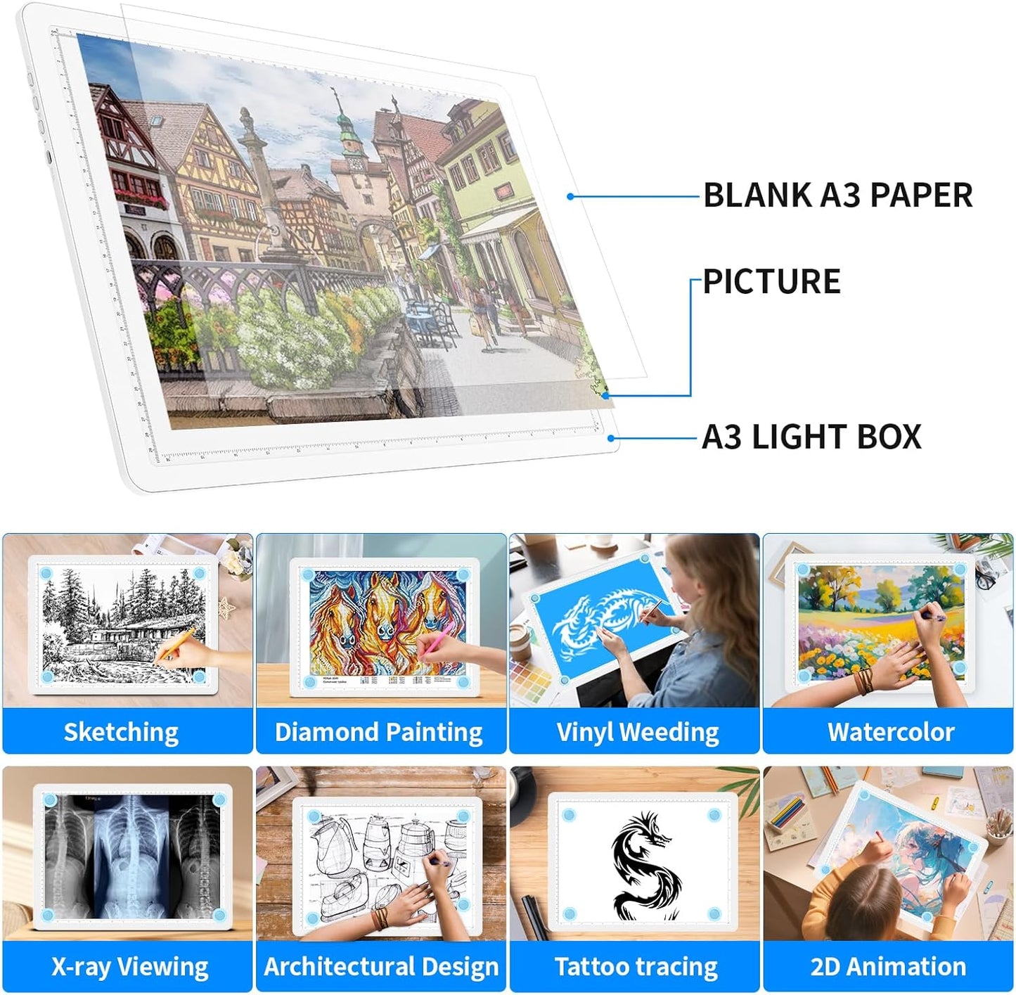 Heanolier Rechargeable A3 Tracing Light Box Drawing Pad,5600 Lux Bright Magnetic light pad, Dimmable Lightbox,3 color modes,light board for Diamond painting,light table for Sketching,Tattoo,X-ray View