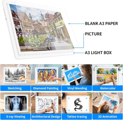 Heanolier Rechargeable A3 Tracing Light Box Drawing Pad,5600 Lux Bright Magnetic light pad, Dimmable Lightbox,3 color modes,light board for Diamond painting,light table for Sketching,Tattoo,X-ray View