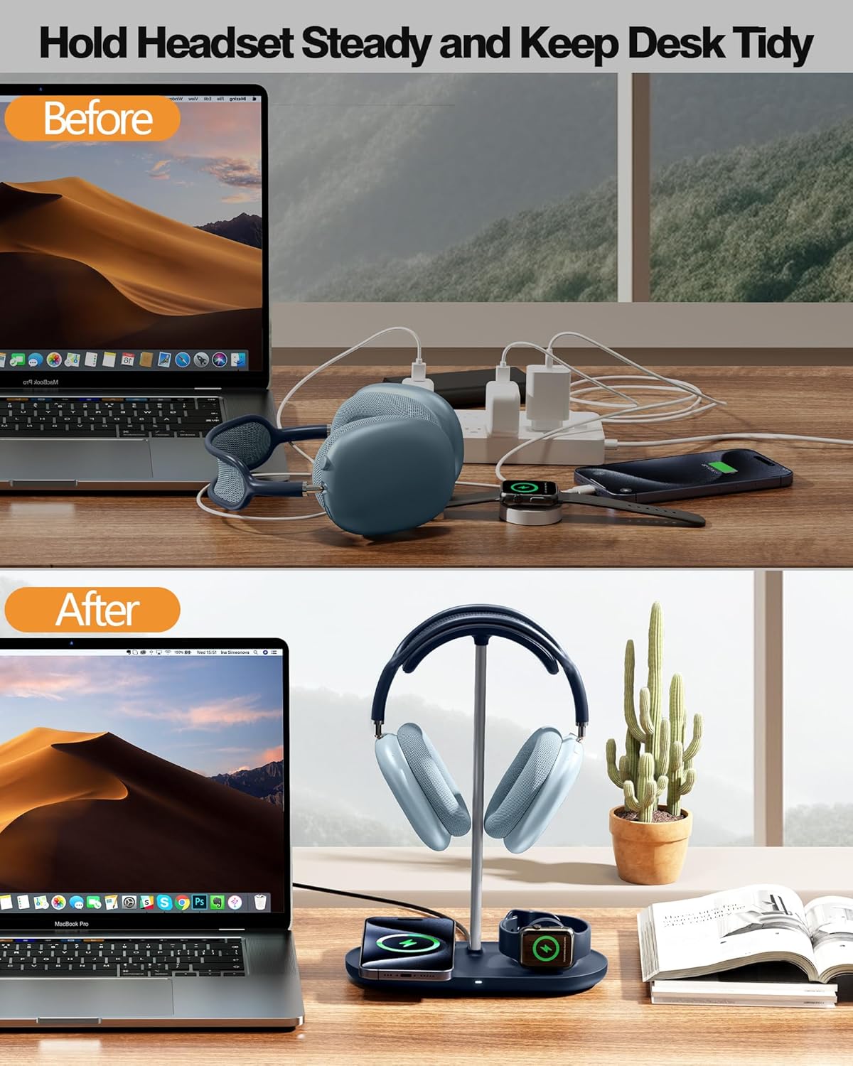 HiWe 4-in-1 RGB Gaming Headphone Stand with Dual Controller Holder, Wireless Charger for iPhone/Apple Watch, USB-A & USB-C Outputs, Adapter Included, Black