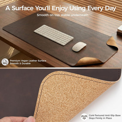 Premium Faux Leather Desk Mat & Tray Set，Innovative Cork-Look Printed Base，Gift Tube Packaging，Full-Desk Coverage，Non-Slip Desk Pad for Office Home（Olive Green）