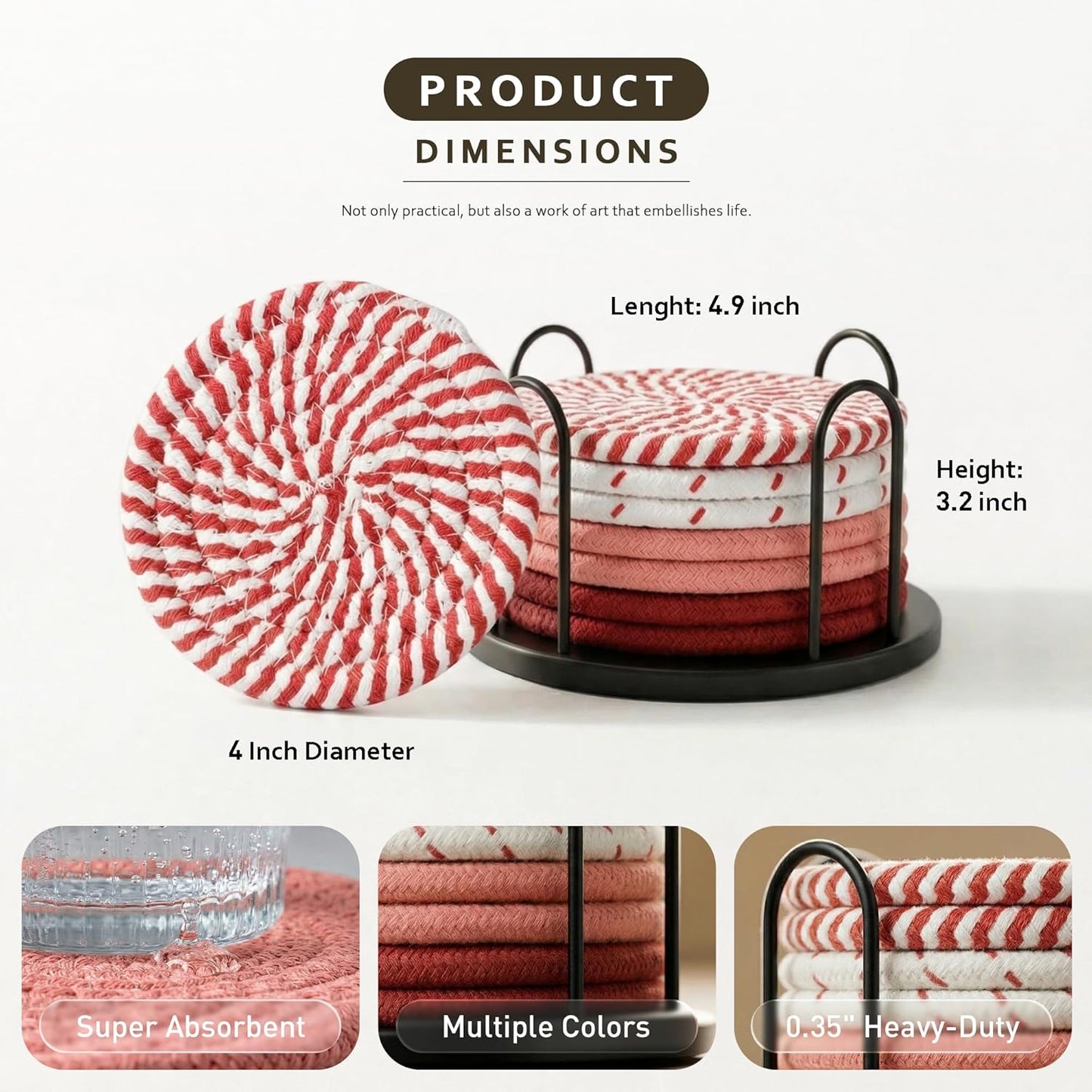 Lazebox Coasters Set of 8 for Drinks, 4 Inch Large Coasters for Coffee Table, Tabletop Protection for Hot & Cold Drinks, Versatile Coasters for Home Decor, Non-Slip & Easy to Clean, Coffee