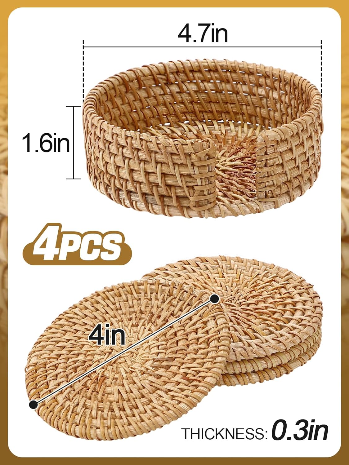 6pcs Natural Handmade Rattan Coasters with Holder - Wicker Drink Coasters Set, Housewarming Gifts Boho Summer Home Coastal Decor