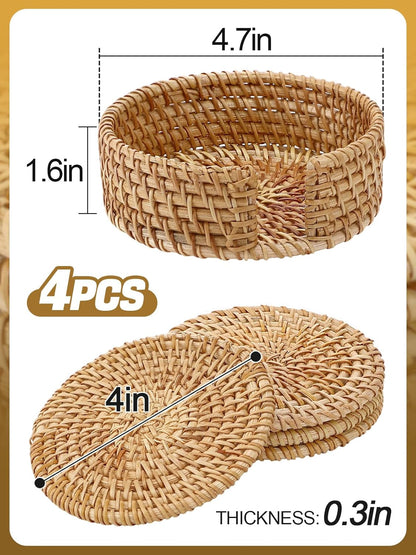 6pcs Natural Handmade Rattan Coasters with Holder - Wicker Drink Coasters Set, Housewarming Gifts Boho Summer Home Coastal Decor