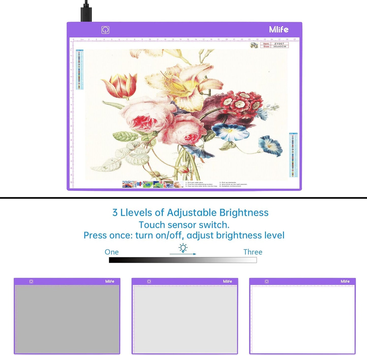 Mlife Diamond Painting Storage Boxes,1 Diamond Painting A4 Light Box Tracing Light Board with 3 Brightness, 80 Slots Bead Storage with 5D Diamond Art Accessories and Tools Kit（Purple）