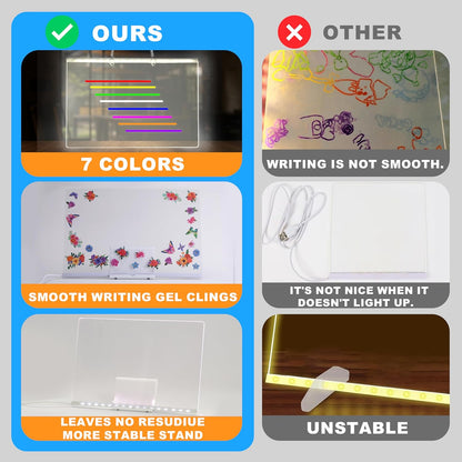 LED Drawing Board, 13.8"X10", Acrylic Note Board with Colors, Include Adapter, Acrylic Dry Erase Pad with Light 4 Modes & 7 Colors, 8 Markers, Stand, Hanging Chain, 2 Gel Clings, Holiday Gift