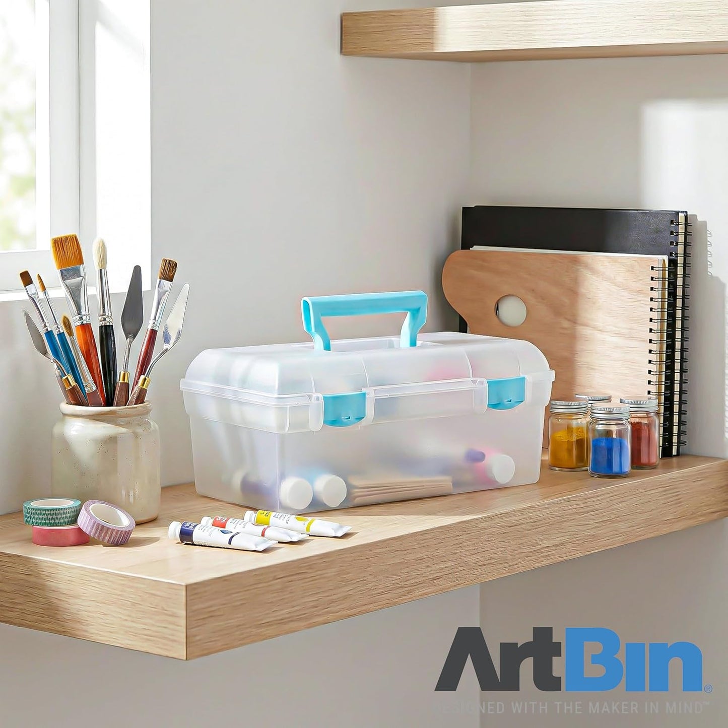 ArtBin 6937AG Essentials Lift-Out Tray Box, Portable Art & Craft Organizer with Handle and Tray, Clear/Aqua