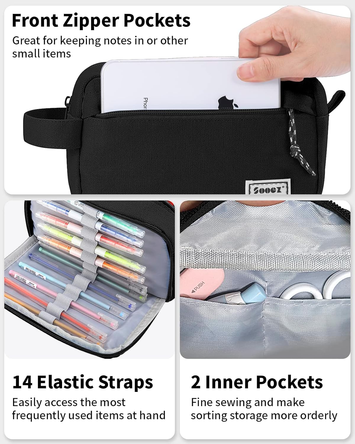 Sooez Original High Capacity Pencil Case, Big Pencil Bag Pouch Box Organizer Pen Case, Aesthetic Supply for Girls Adults, Portable Journaling Supplies with Easy Grip Handle & Loop, Mint Green