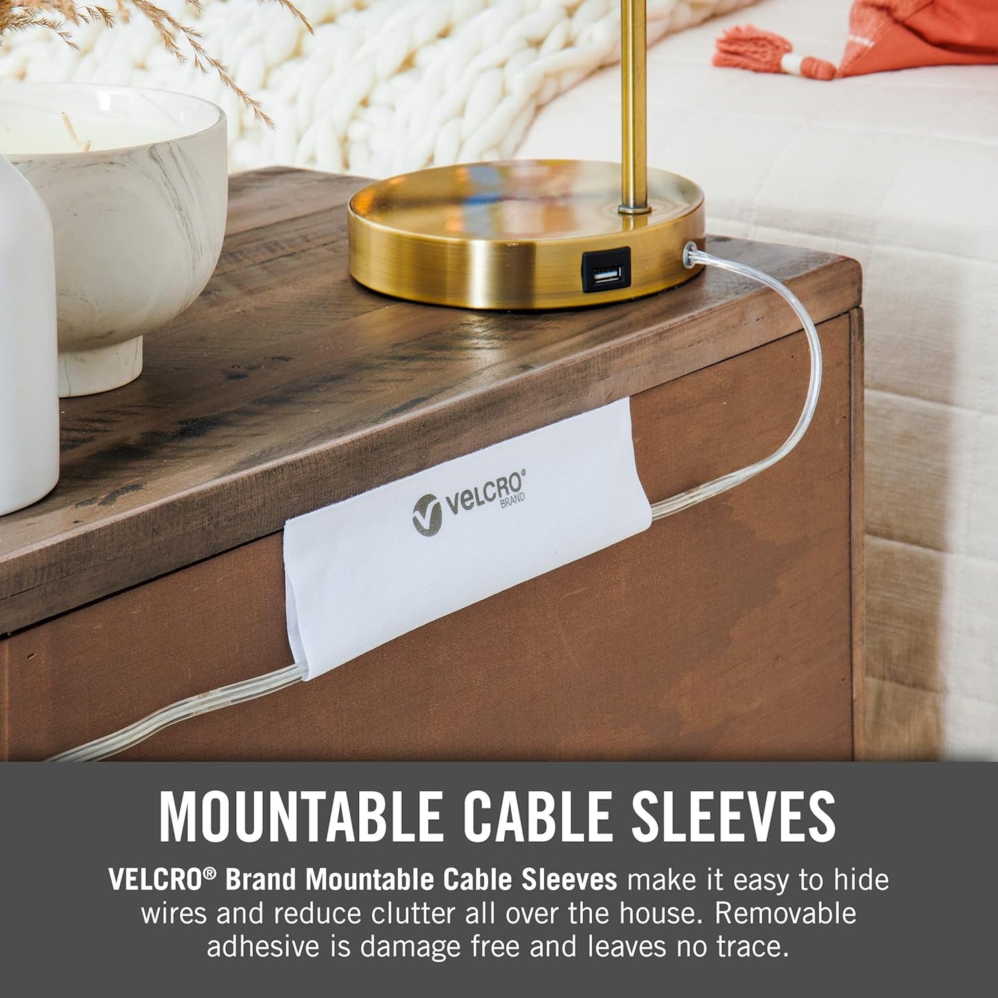 VELCRO Brand Mountable Cable Sleeve | Cord Management Mounts on Walls, Desk or Entertainment Center | Removable Adhesive is Damage Free | 8in Black, 2pk, 8in - 2Pk
