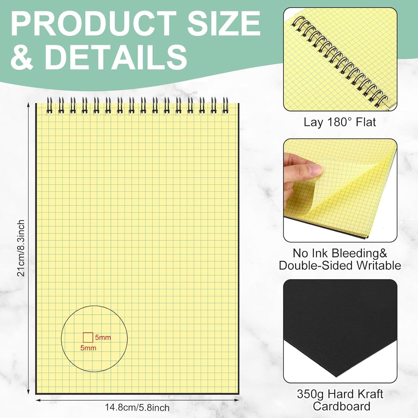 Engrowtic 6 Pack Graph Paper Spiral Notepad A5 Top Wirebound Notepad Grid Notebook Steno Pad Memo Notebook Grid Paper 140 Pages for Writing Sketching Drawing Office Supply (Black)